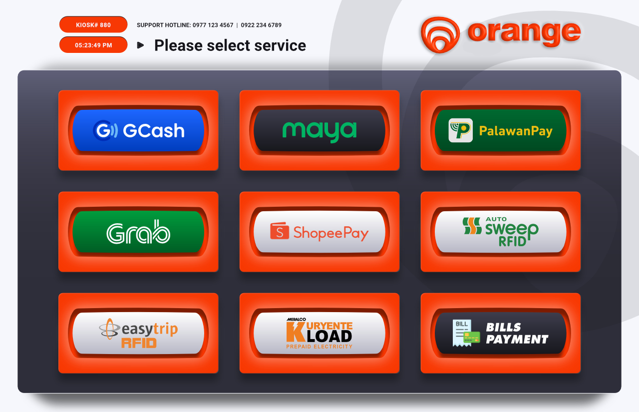Orange kiosk service-selection screen showing GCash, Maya, PalawanPay, Grab, ShopeePay, RFID reload and Bills Payment.