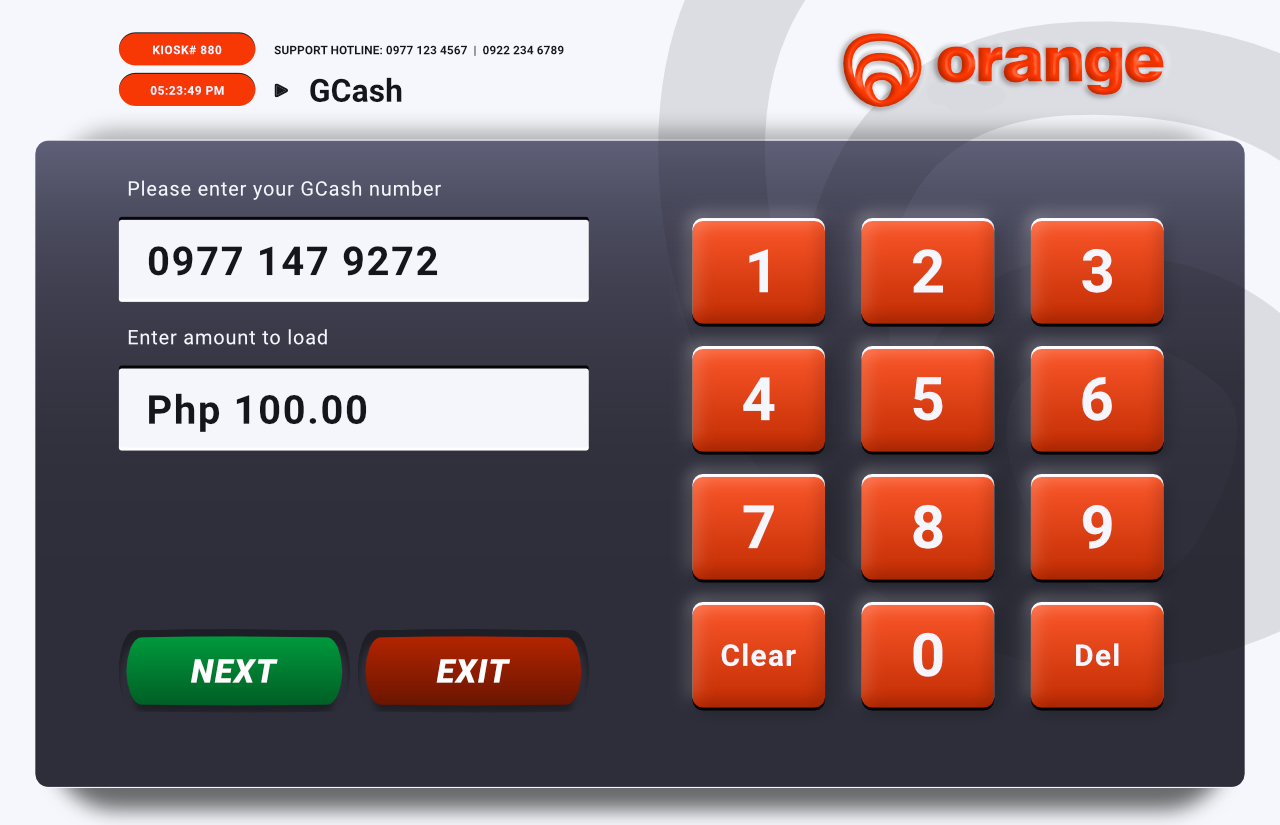 Orange kiosk screen to enter your mobile number and the amount to load, with an on-screen keypad.