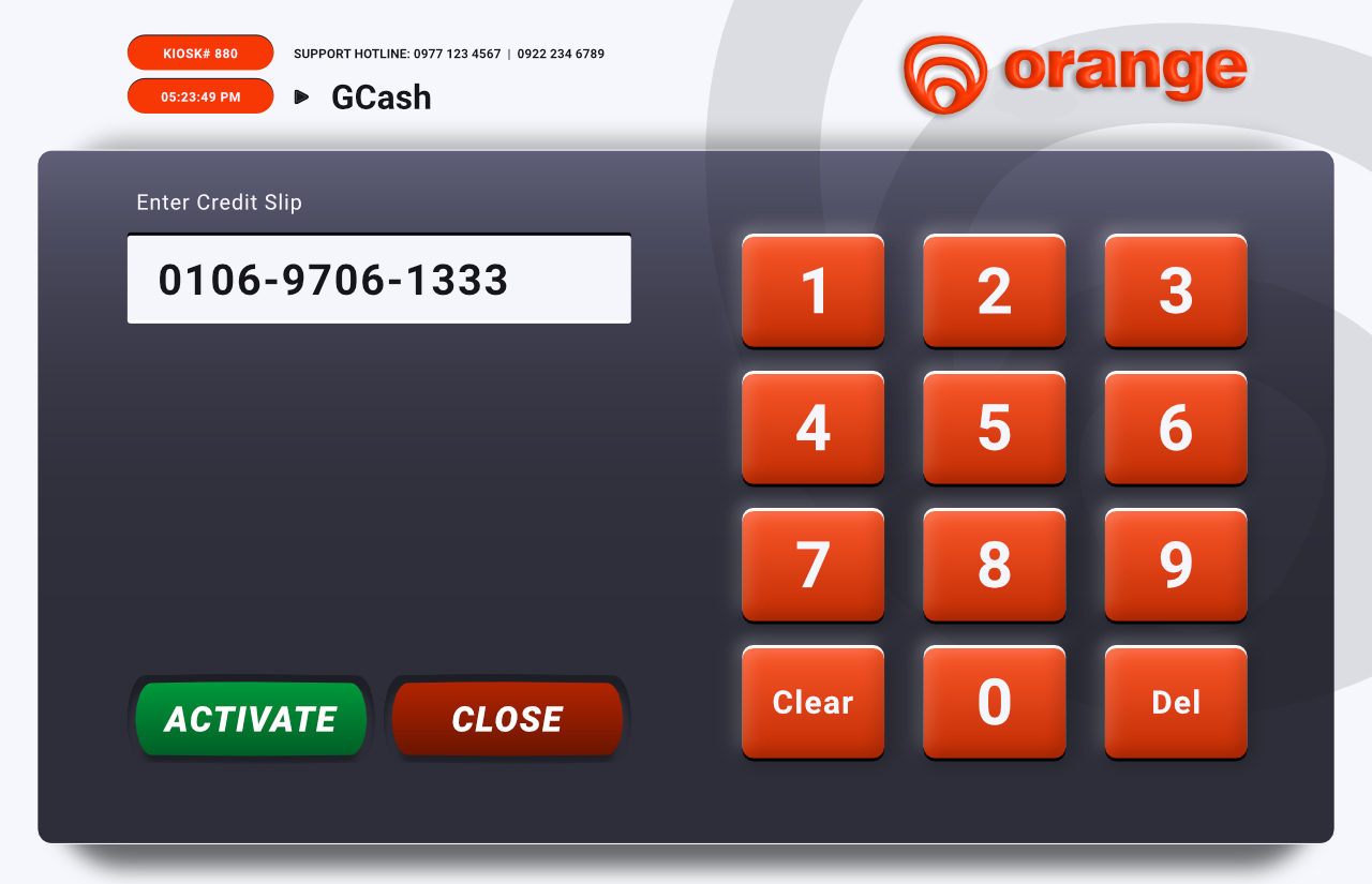 Orange kiosk screen to key in a Credit Slip number and activate it toward your transaction.