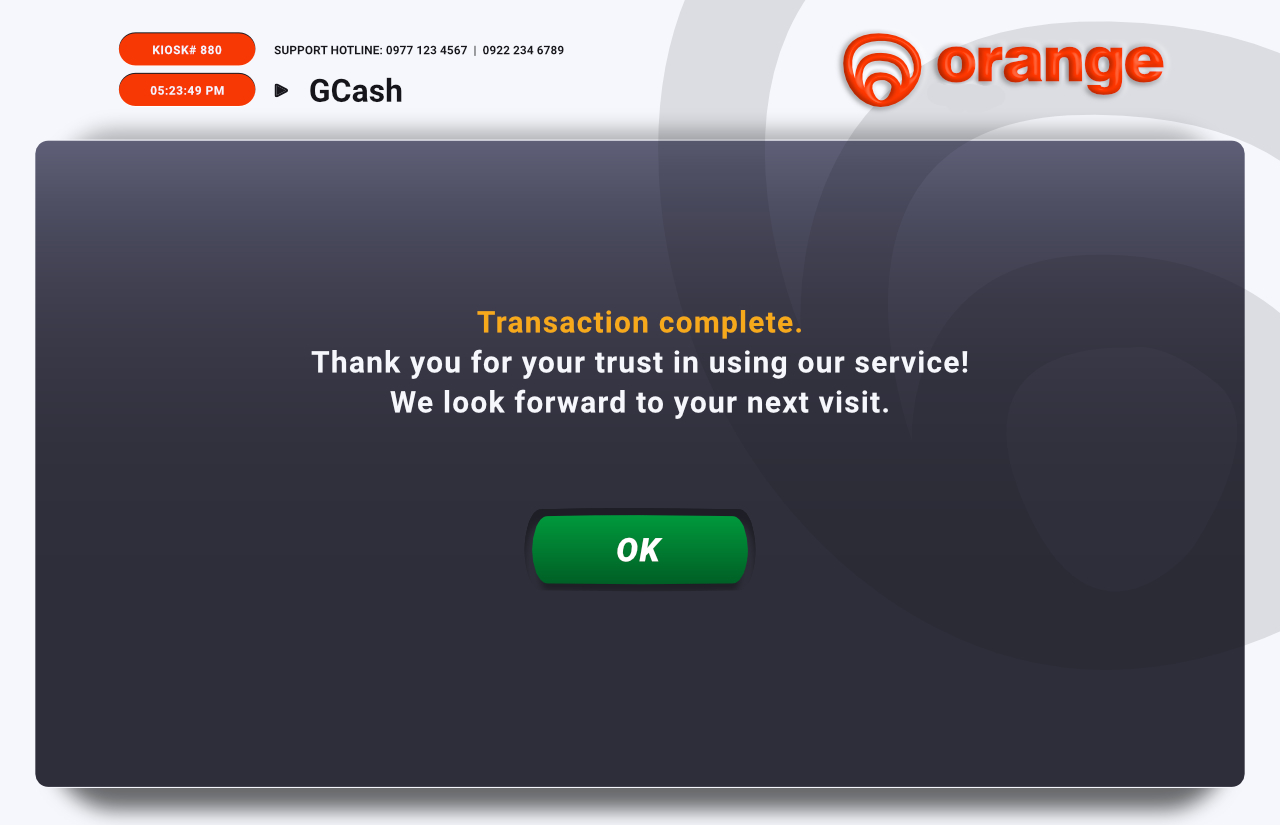 Orange kiosk transaction-complete screen thanking the customer, with an OK button.